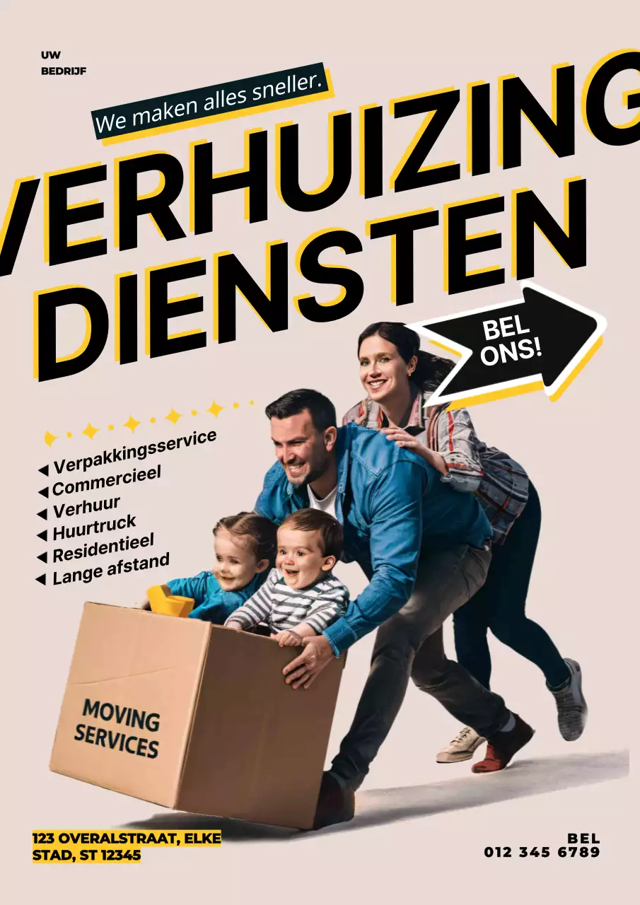 beige en zwart moderne verhuisdiensten promotie