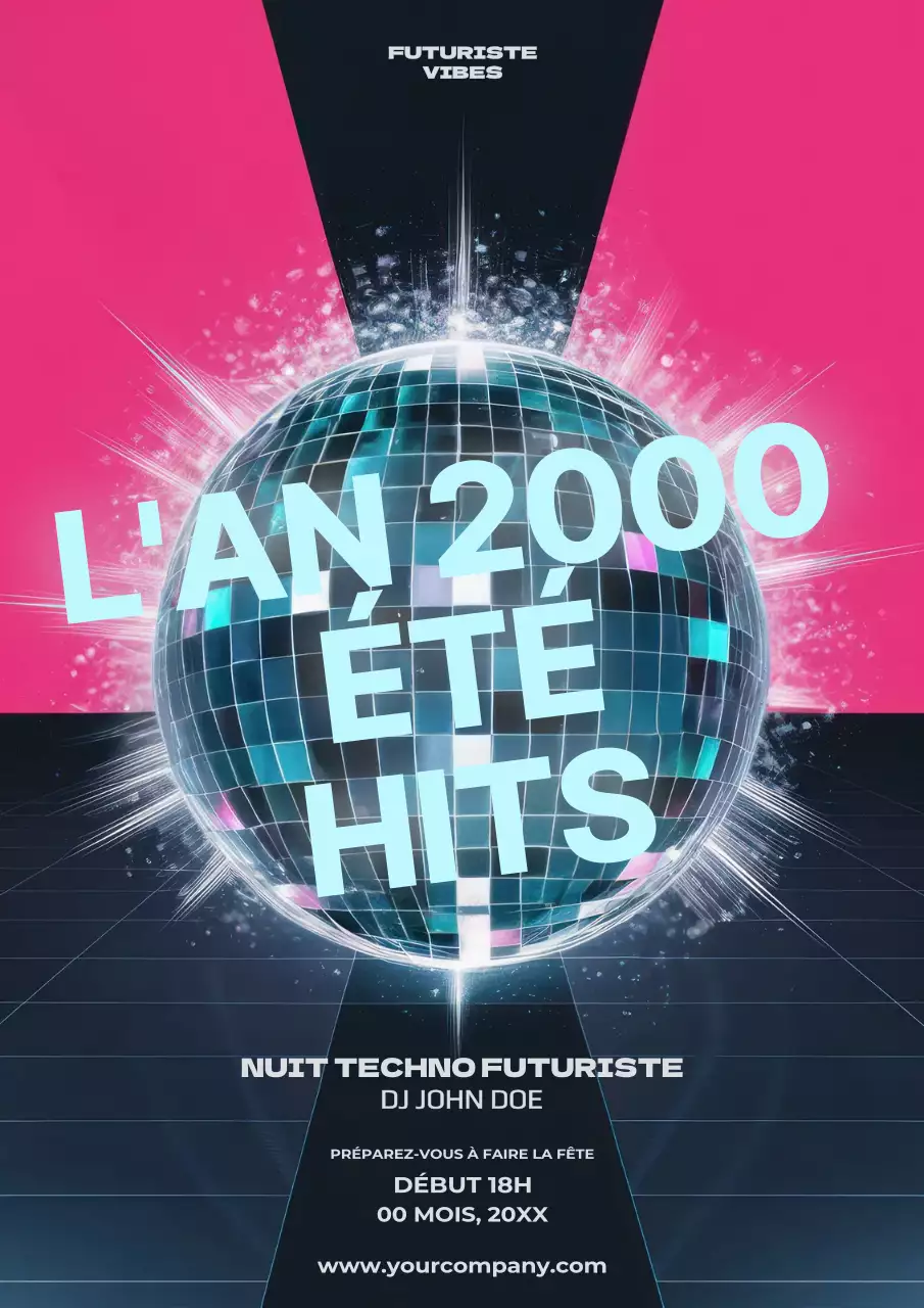 Affiche musicale futuriste rose et marine de l'an 2000
