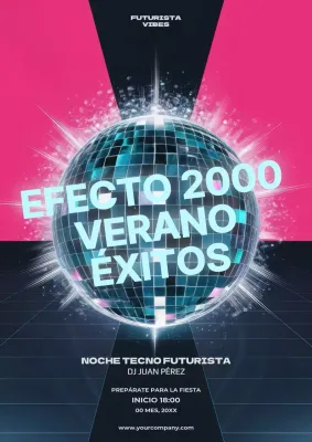 Póster musical futurista del efecto 2000 en rosa y azul marino