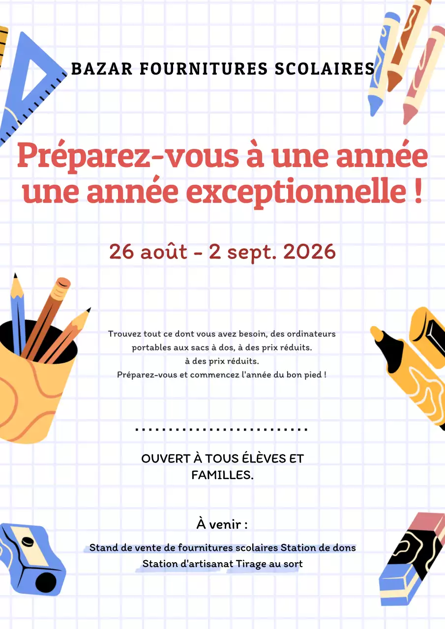 Rouge Jaune Simple Invitation au Bazar des Fournitures Scolaires