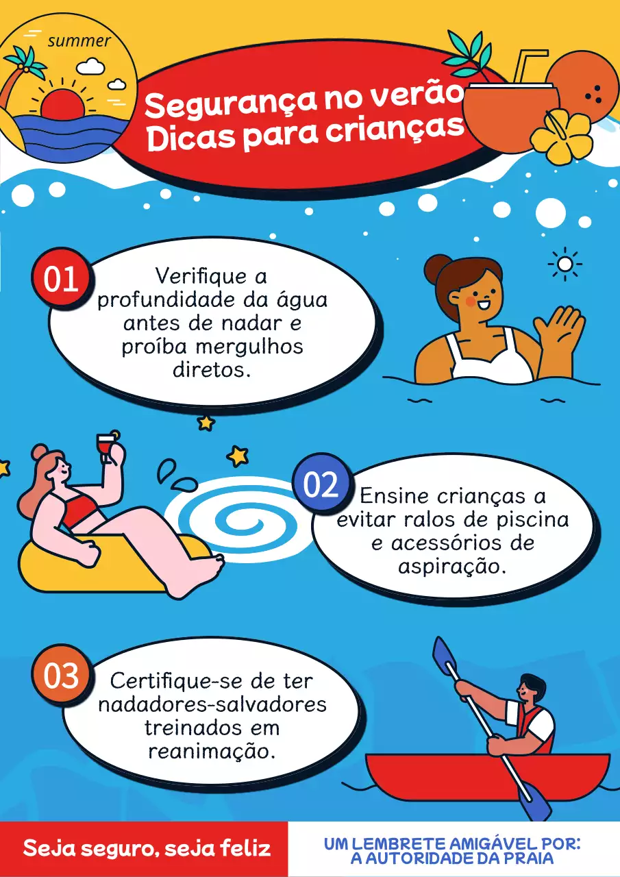 Guia de segurança para o verão moderno azul e vermelho