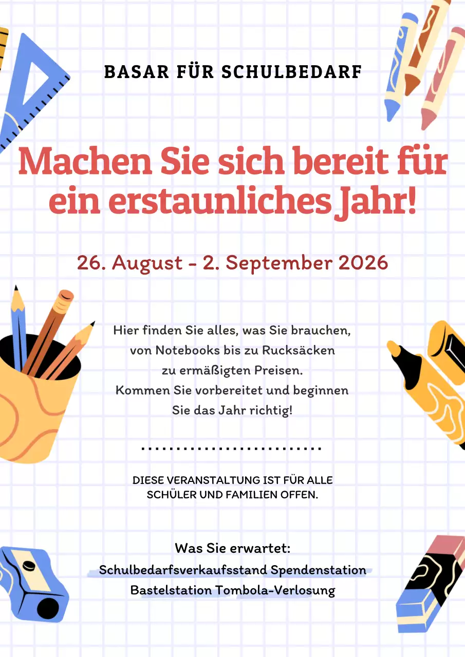 Rot Gelb Einfacher Schulbedarf Basar Einladung