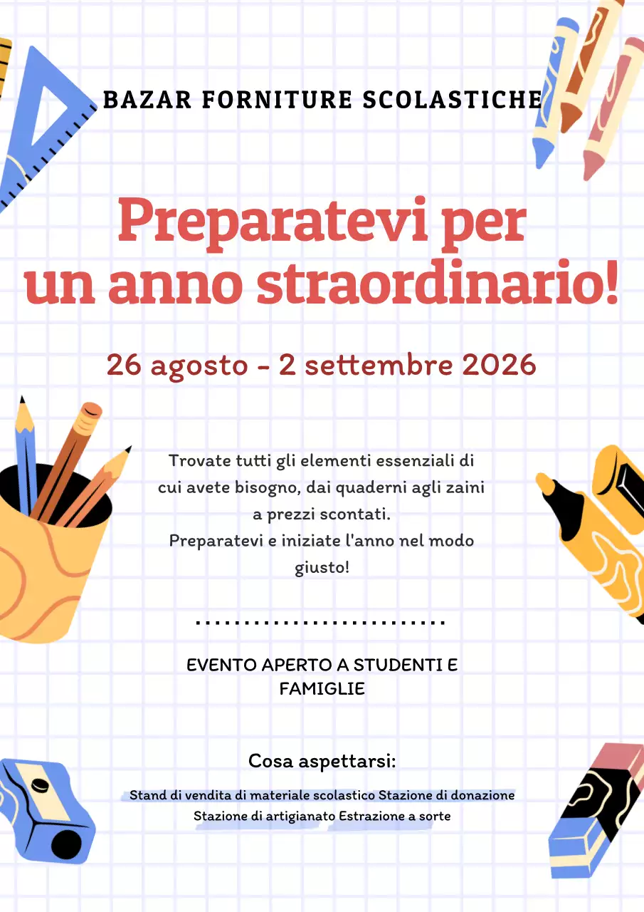 Invito al bazar delle forniture scolastiche rosso giallo semplice