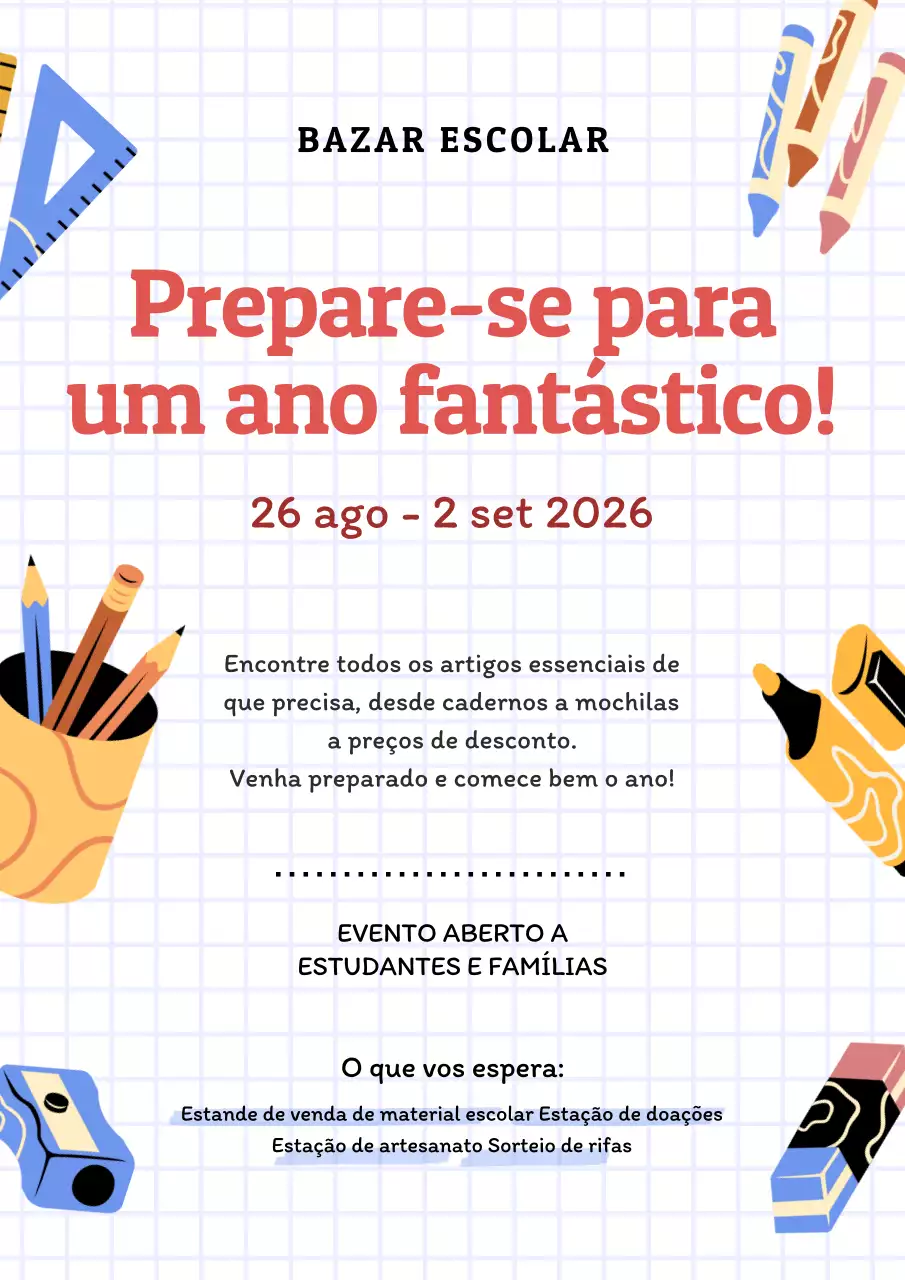 Convite de bazar de material escolar simples amarelo vermelho