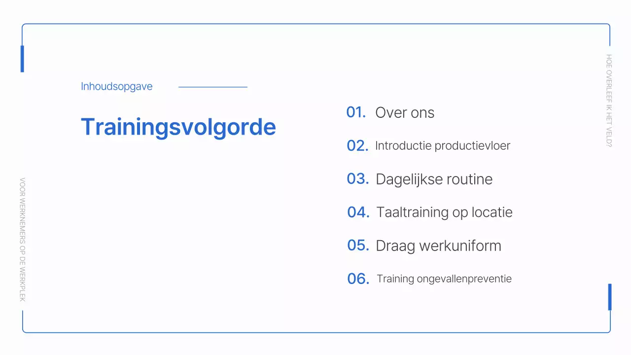 Eenvoudig blauw en wit onboardingmateriaal voor arbeiders