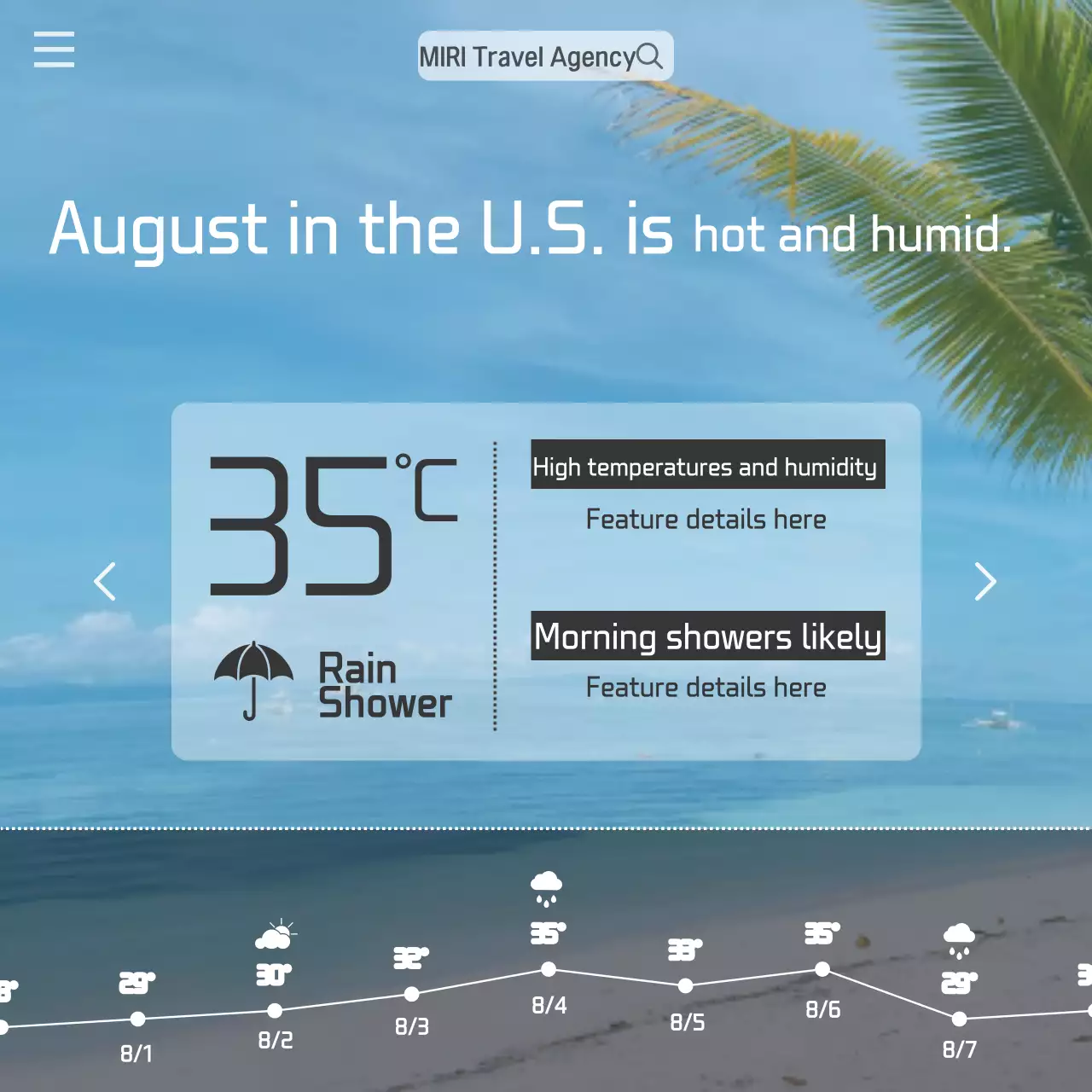 A modern destination weather guide in orange and light blue