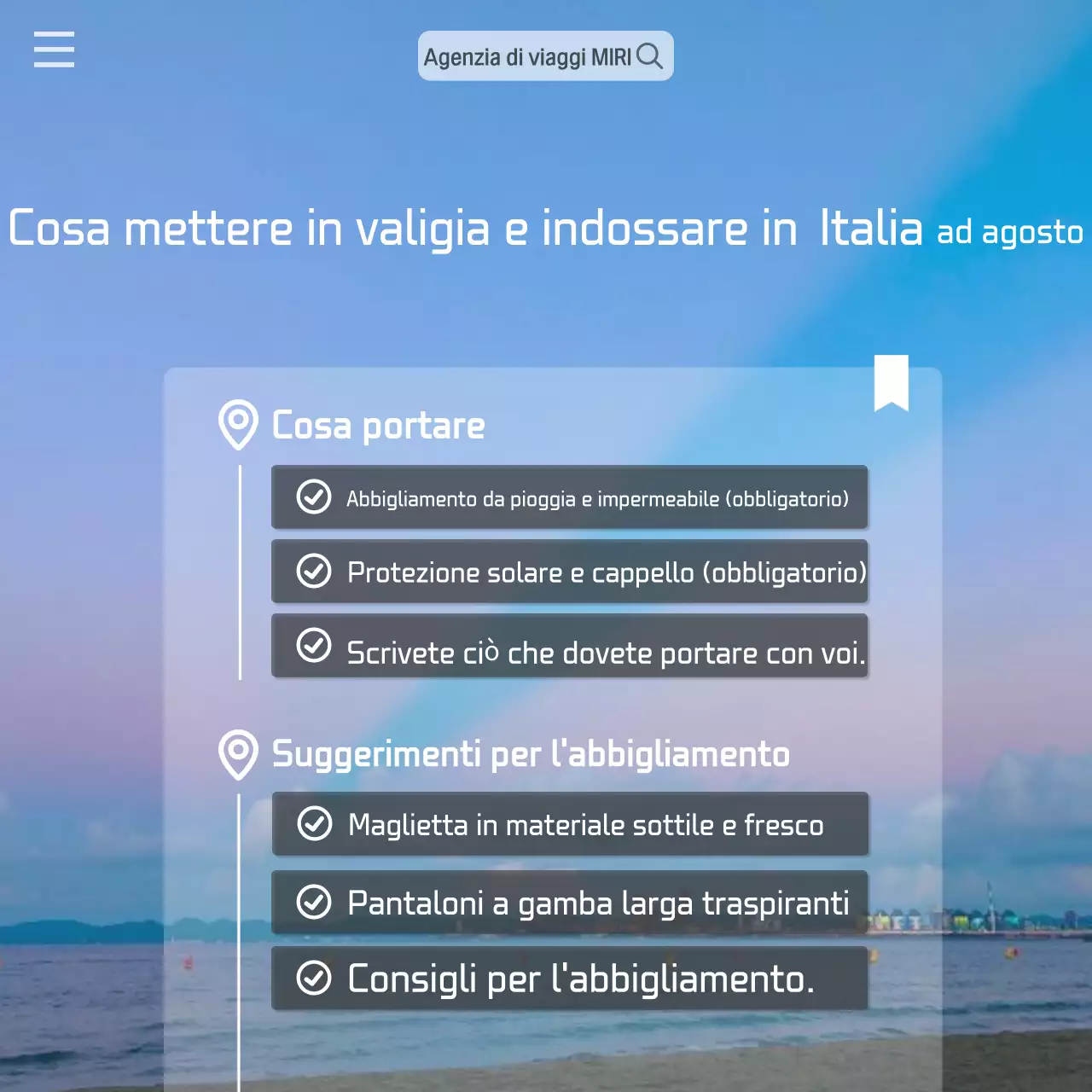 Una moderna guida meteo di destinazione in arancione e blu chiaro