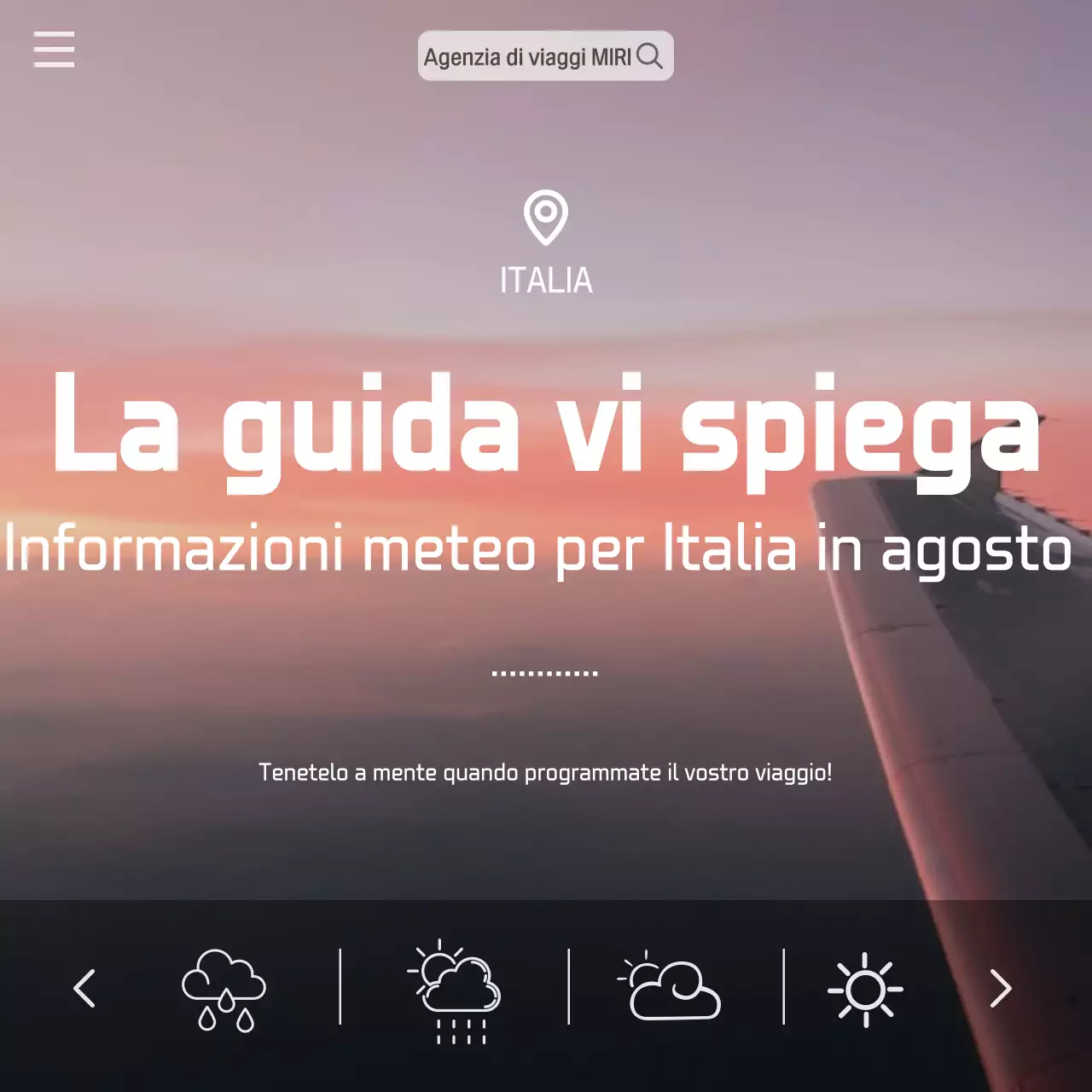 Una moderna guida meteo di destinazione in arancione e blu chiaro