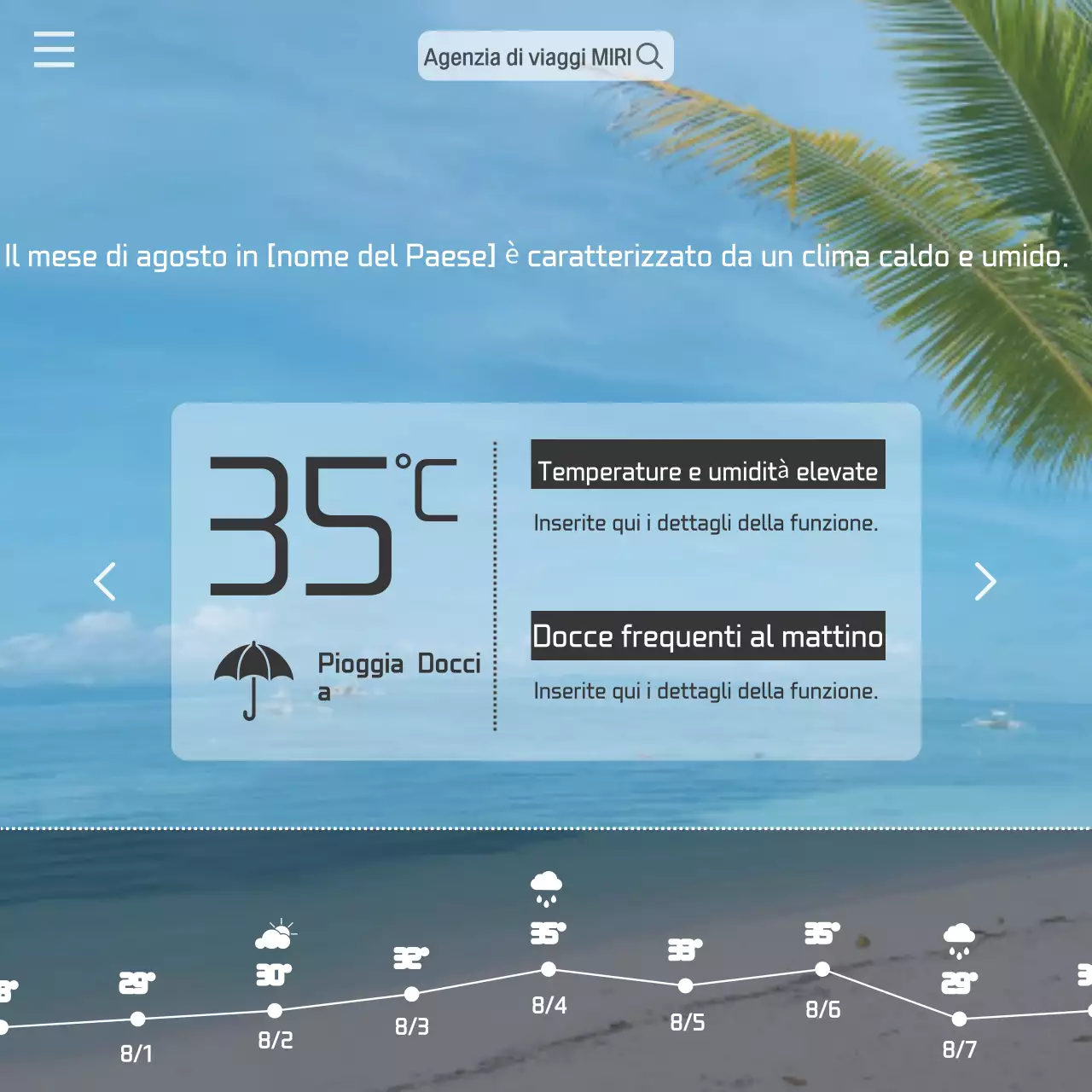 Una moderna guida meteo di destinazione in arancione e blu chiaro