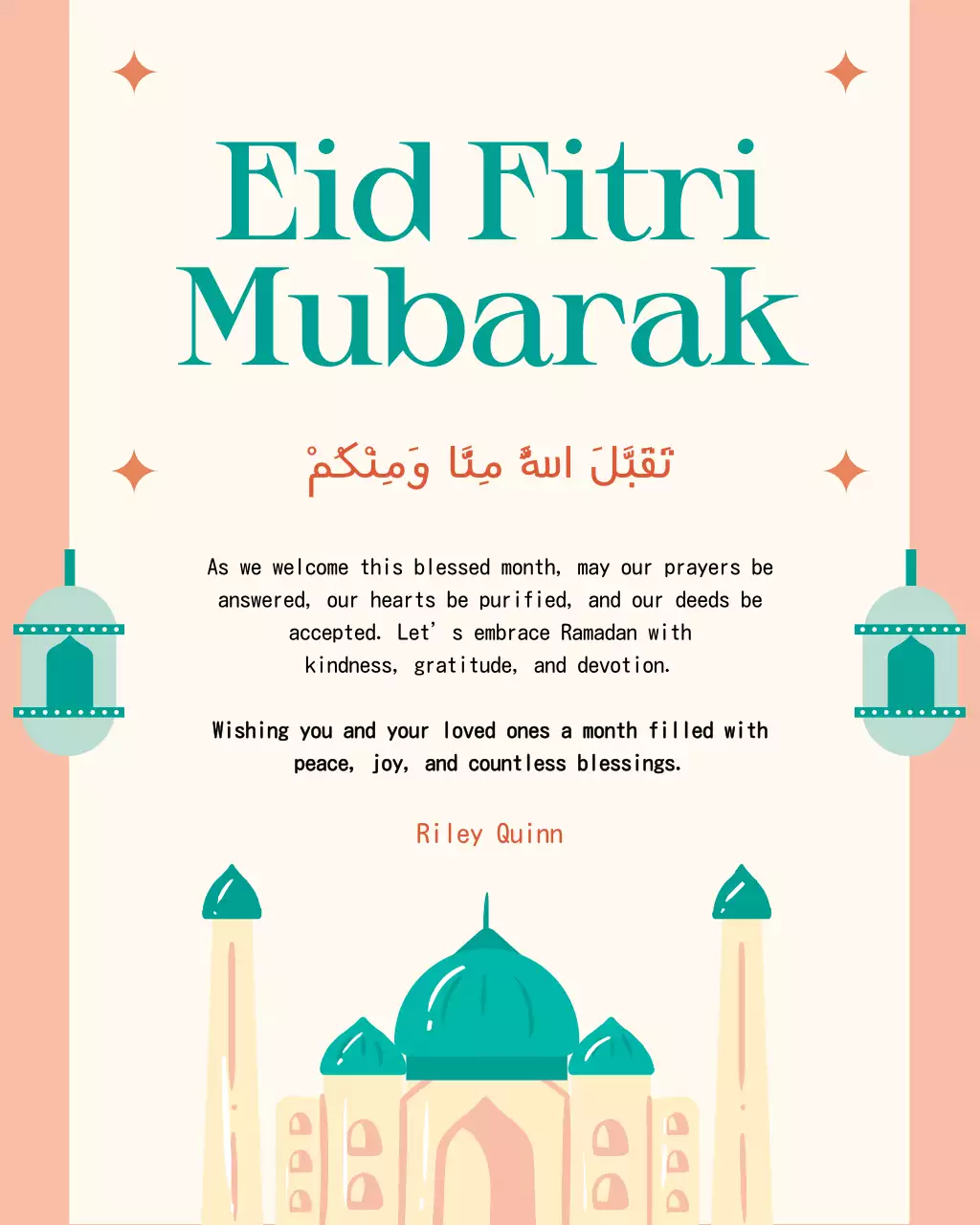 kartu ucapan Idul Fitri tradisional berwarna biru kehijauan