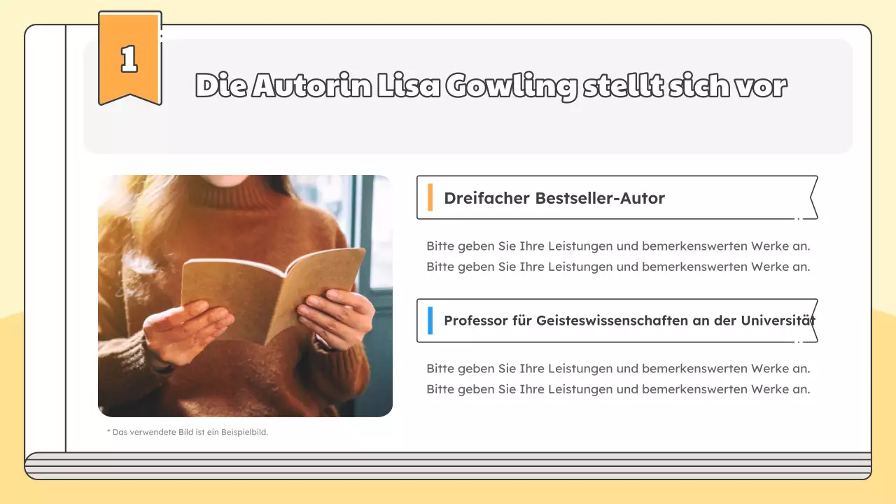 Bewerben Sie eine Buchbesprechung zur Einführung des neuen Buches des Autors in schlichtem Gelb und Hellblau.