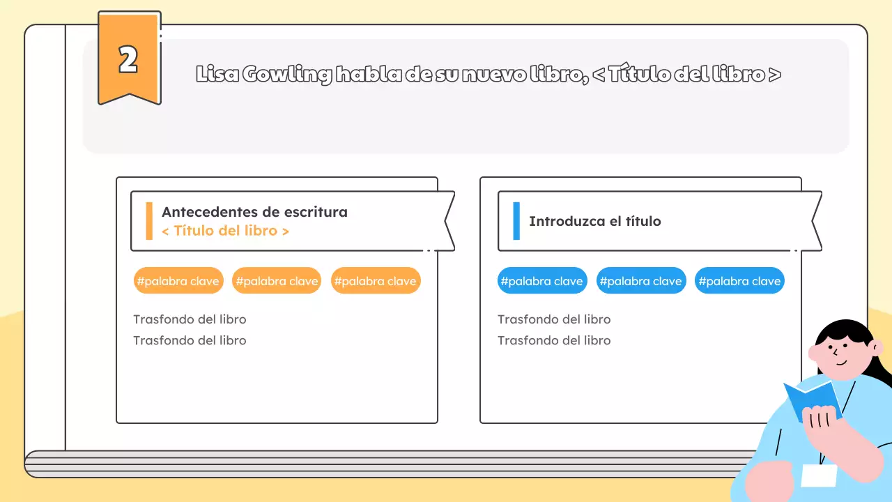 Promueva una charla para el lanzamiento del nuevo libro del autor en amarillo y azul claro sencillos.