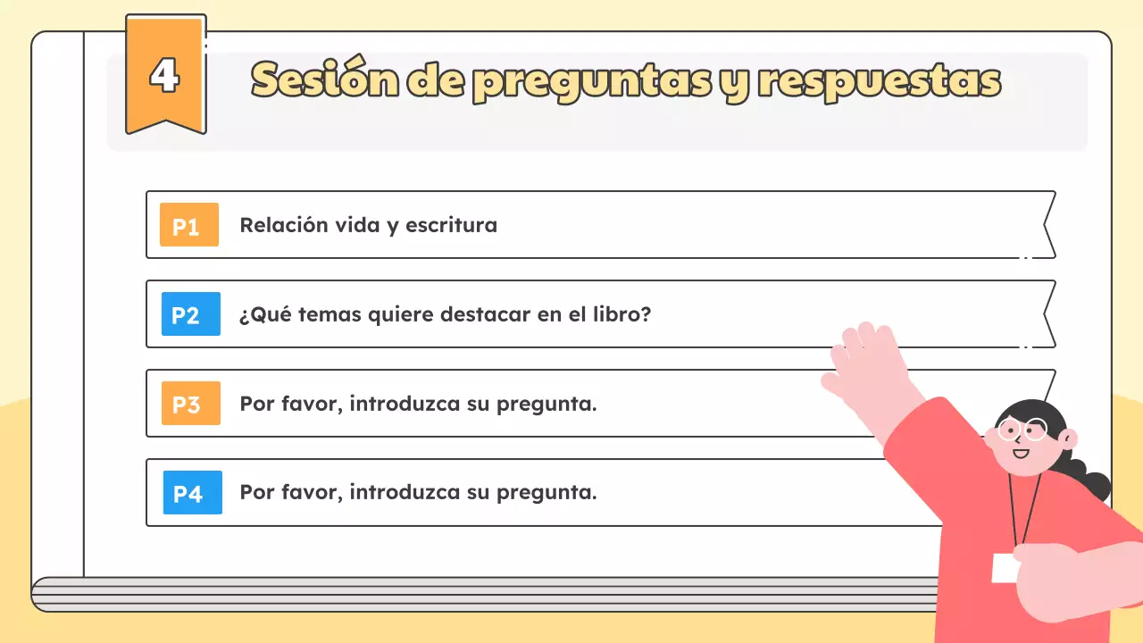 Promueva una charla para el lanzamiento del nuevo libro del autor en amarillo y azul claro sencillos.
