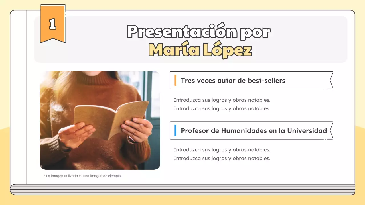 Promueva una charla para el lanzamiento del nuevo libro del autor en amarillo y azul claro sencillos.