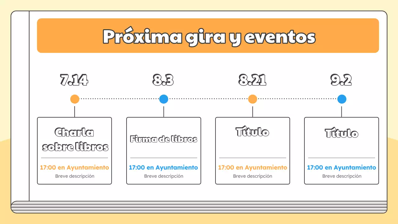 Promueva una charla para el lanzamiento del nuevo libro del autor en amarillo y azul claro sencillos.