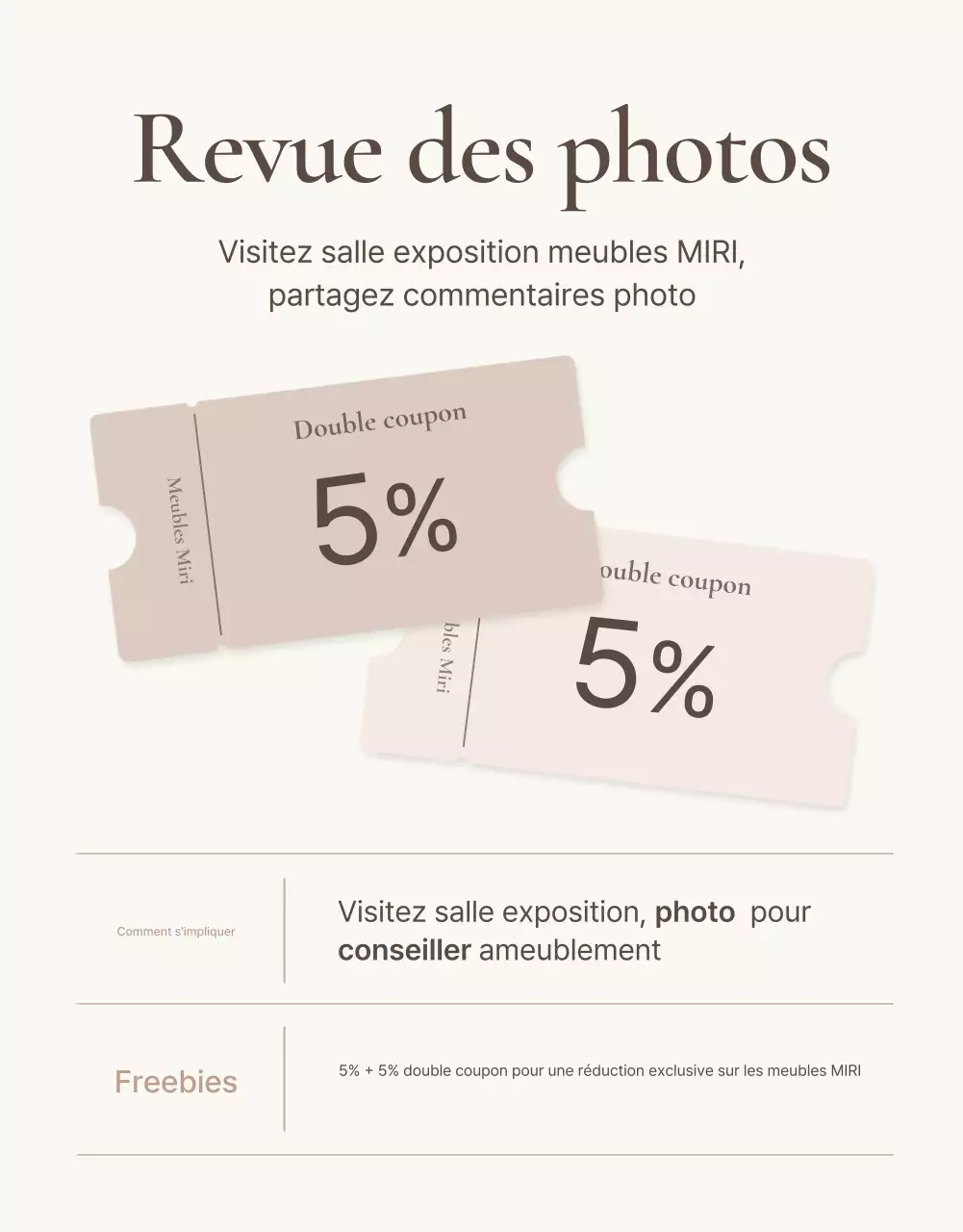 Promouvoir un événement simple d'évaluation de meubles en marron et beige