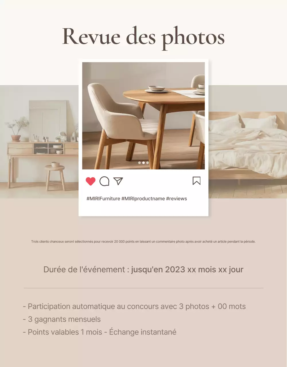 Promouvoir un événement simple d'évaluation de meubles en marron et beige