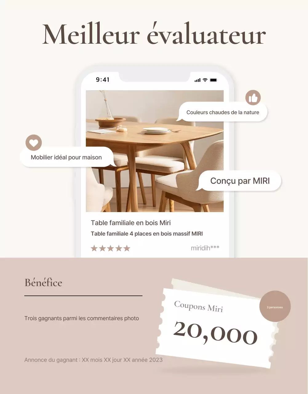 Promouvoir un événement simple d'évaluation de meubles en marron et beige