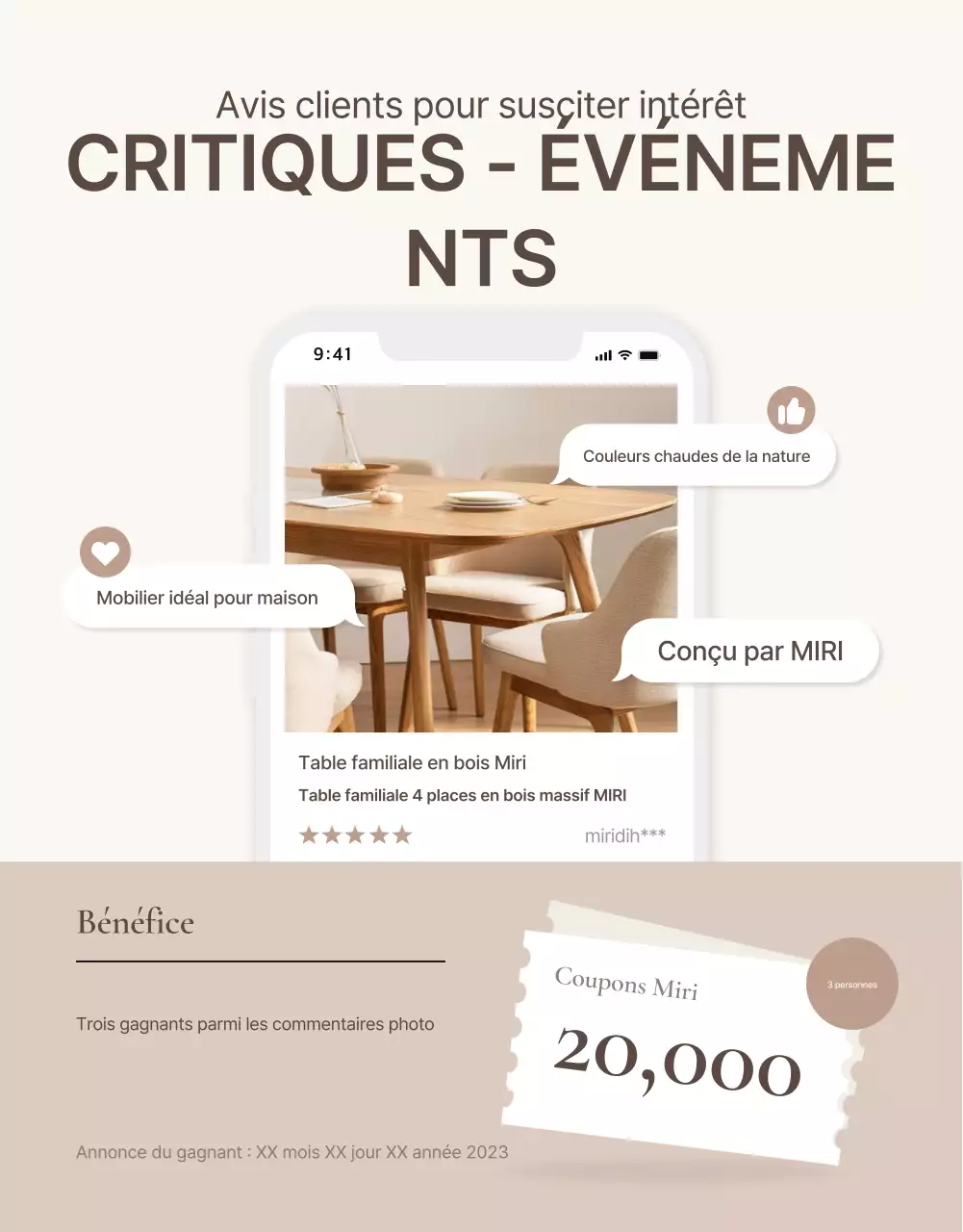 Promouvoir un événement simple d'évaluation de meubles en marron et beige