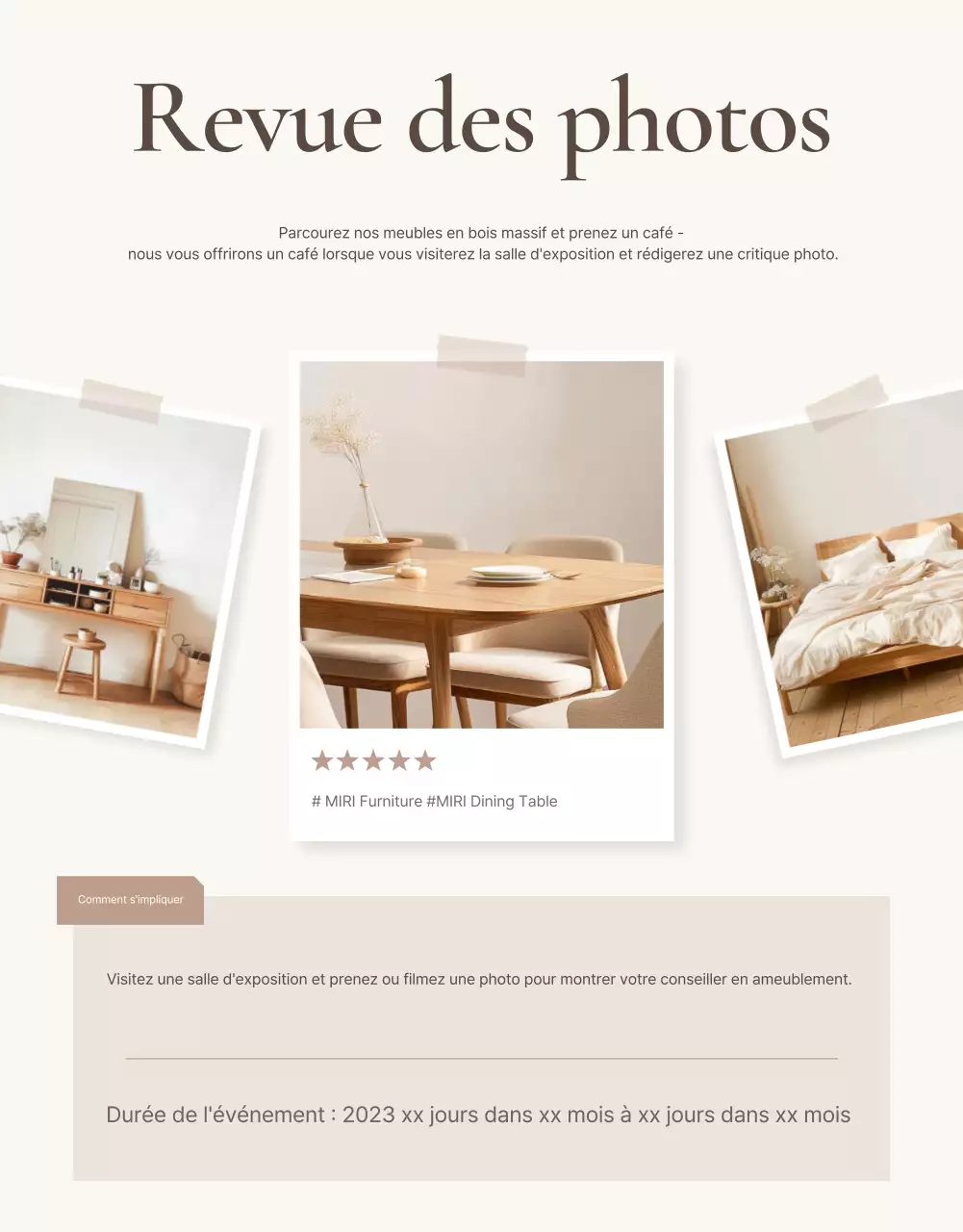 Promouvoir un événement simple d'évaluation de meubles en marron et beige