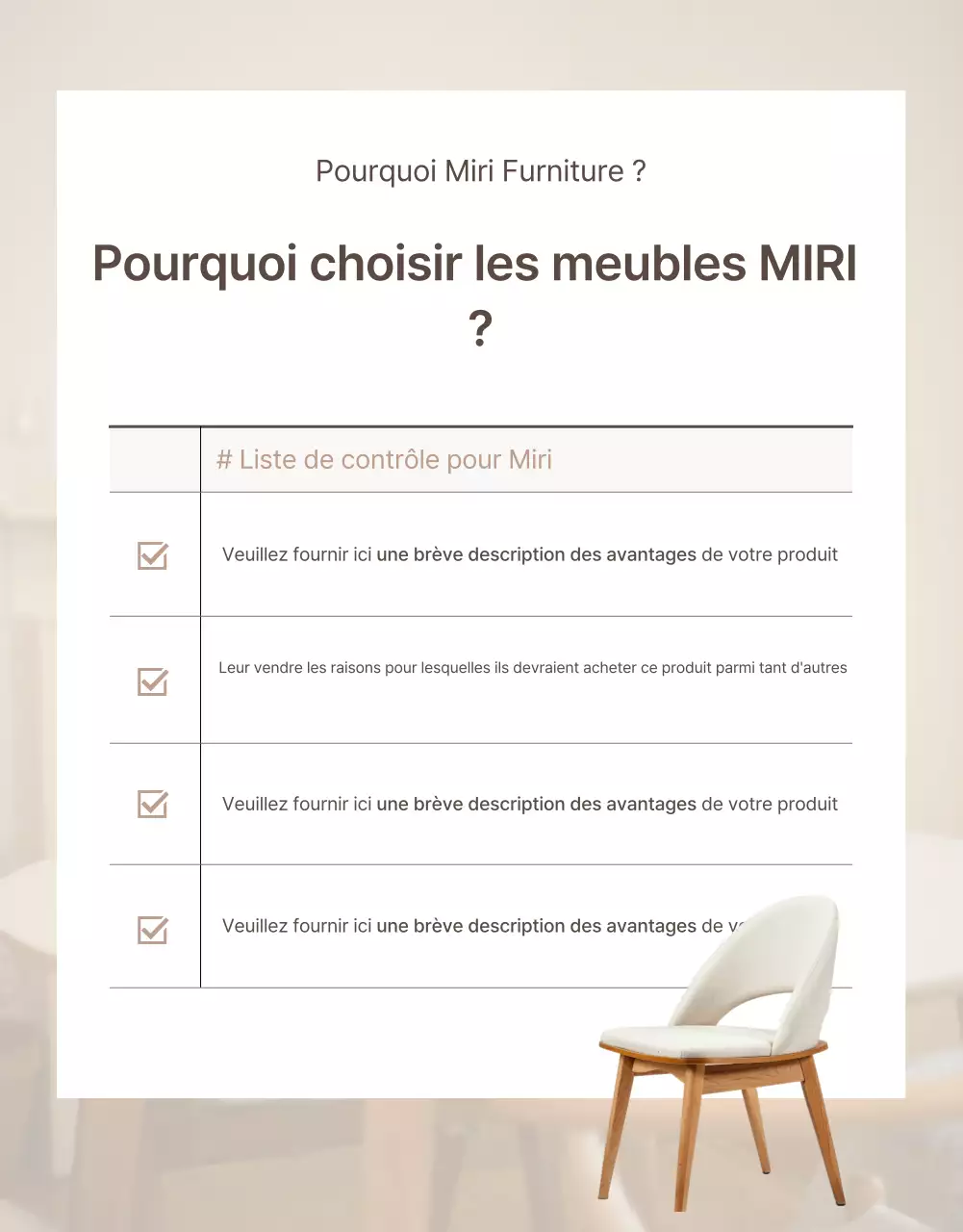 Promouvoir une présentation de meubles simples dans les tons marron et beige