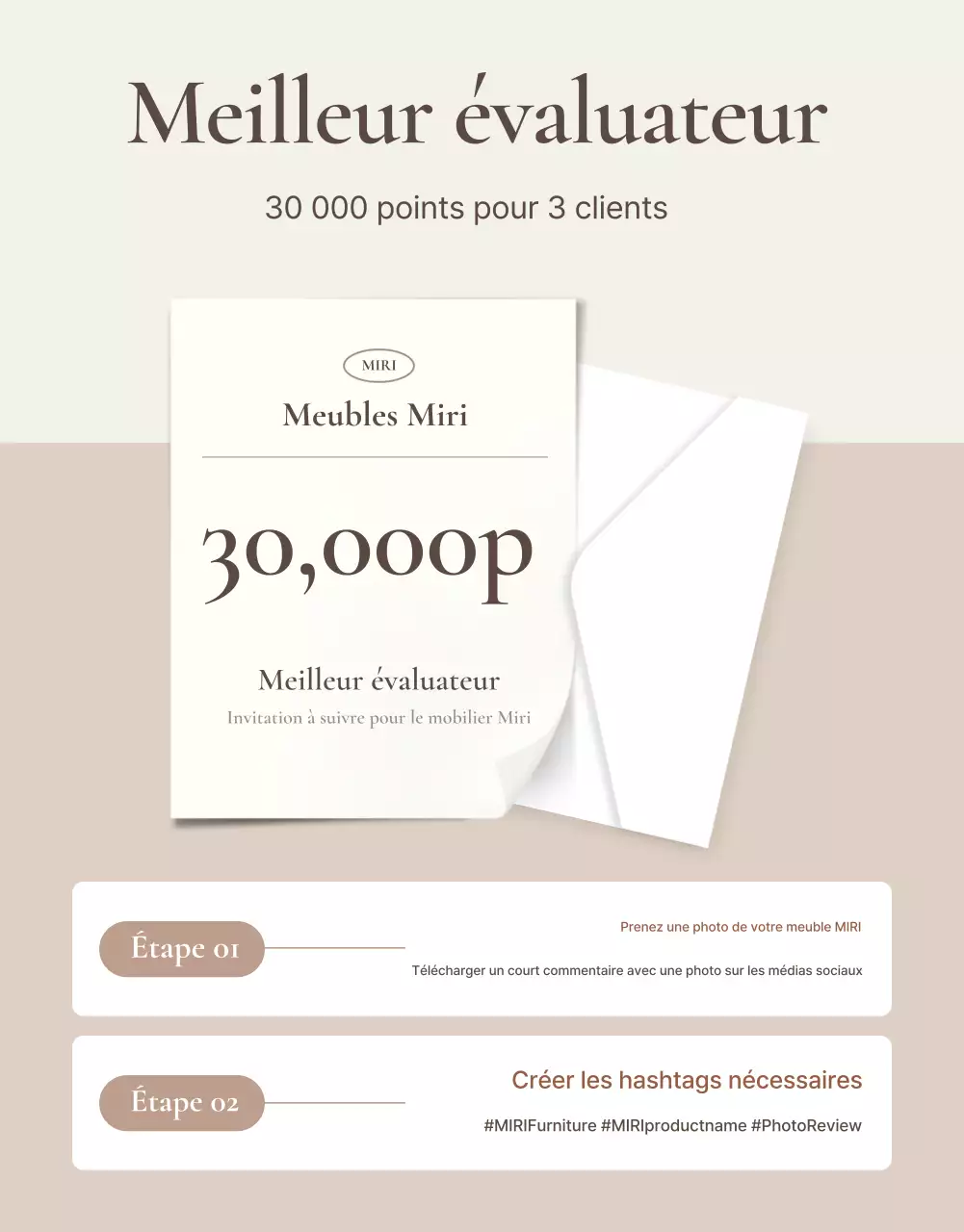 Promouvoir un événement simple d'évaluation de meubles en marron et beige