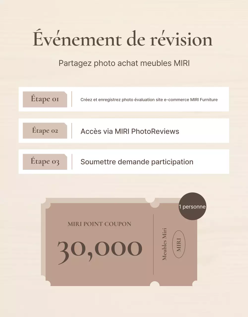 Promouvoir un événement simple d'évaluation de meubles en marron et beige