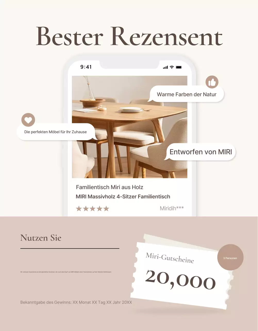 Förderung einer einfachen Veranstaltung zur Überprüfung von Möbeln in Braun und Beige