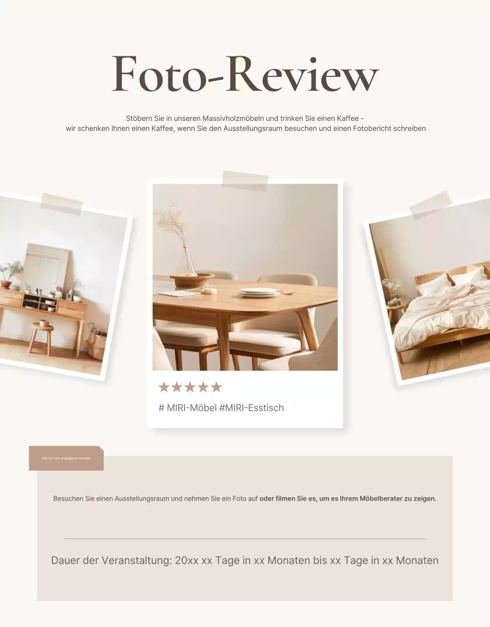 Förderung einer einfachen Veranstaltung zur Überprüfung von Möbeln in Braun und Beige