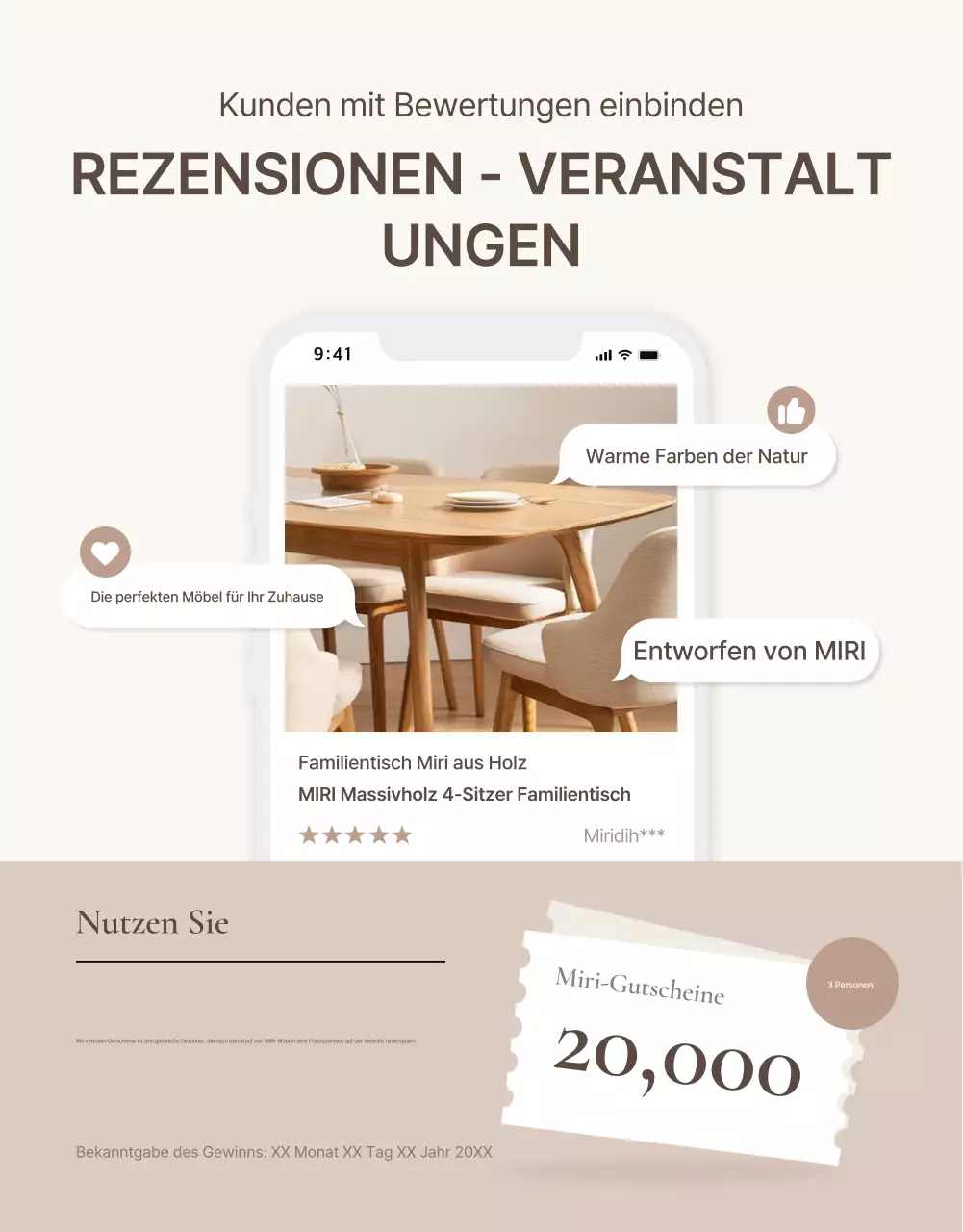 Förderung einer einfachen Veranstaltung zur Überprüfung von Möbeln in Braun und Beige