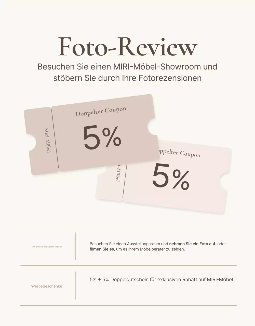 Förderung einer einfachen Veranstaltung zur Überprüfung von Möbeln in Braun und Beige