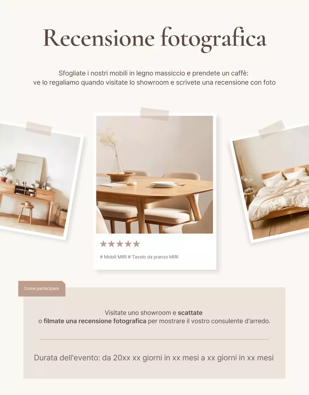 Promuovere un evento di revisione di mobili semplici in marrone e beige