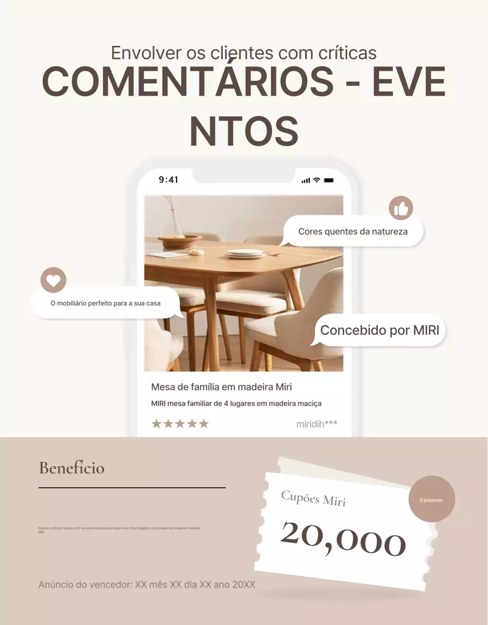 Promover um evento simples de revisão de mobiliário em castanho e bege