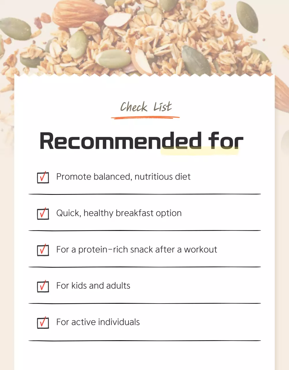 Khuyến mãi điểm kiểm tra granola cơ bản với màu nâu và màu be.