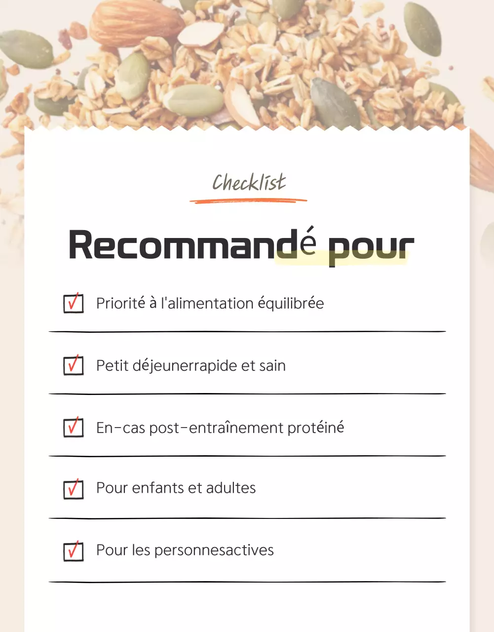 Promouvoir les points de contrôle du granola de base dans les tons bruns et beiges