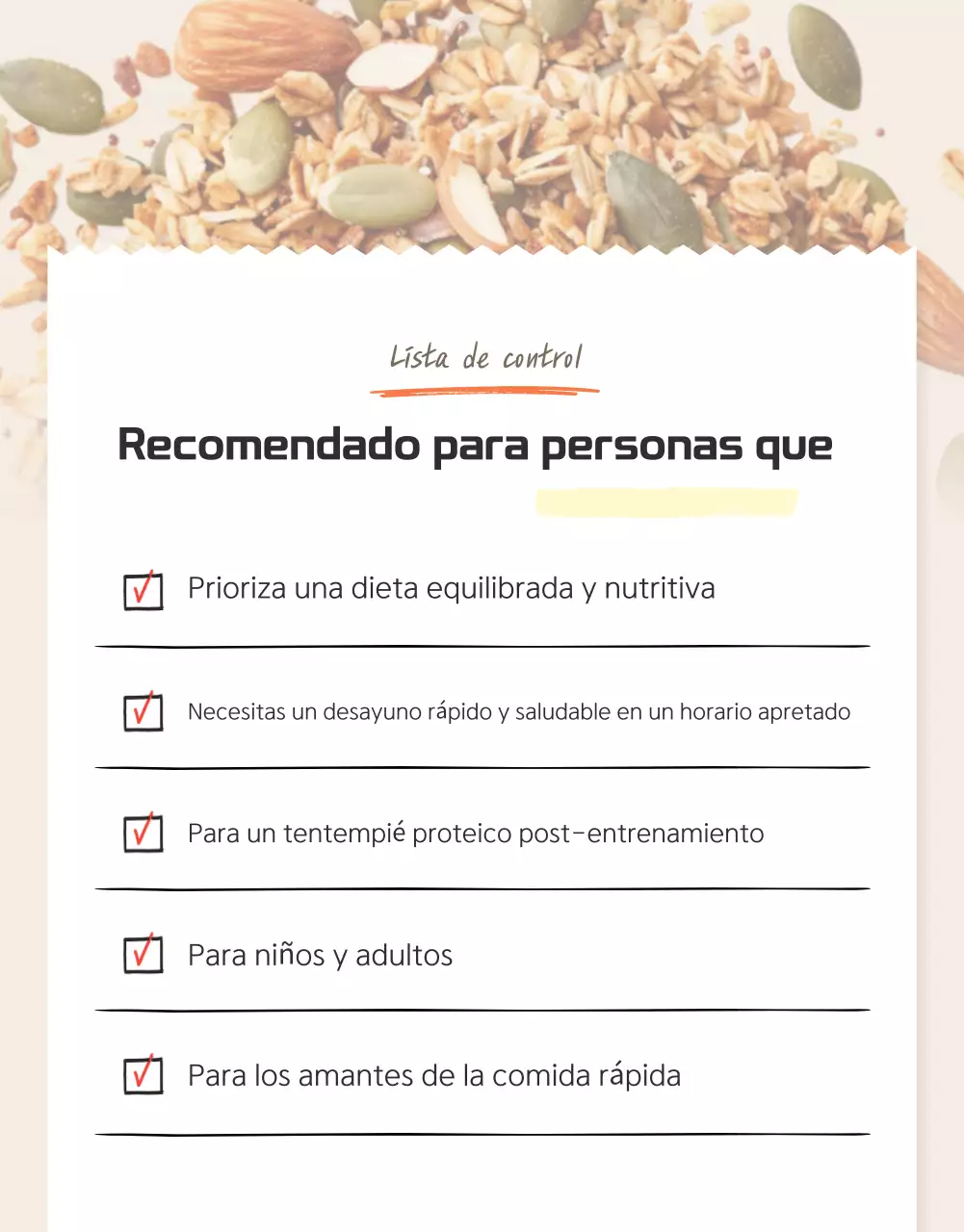 Promover puntos de control básicos de granola en marrones y beiges