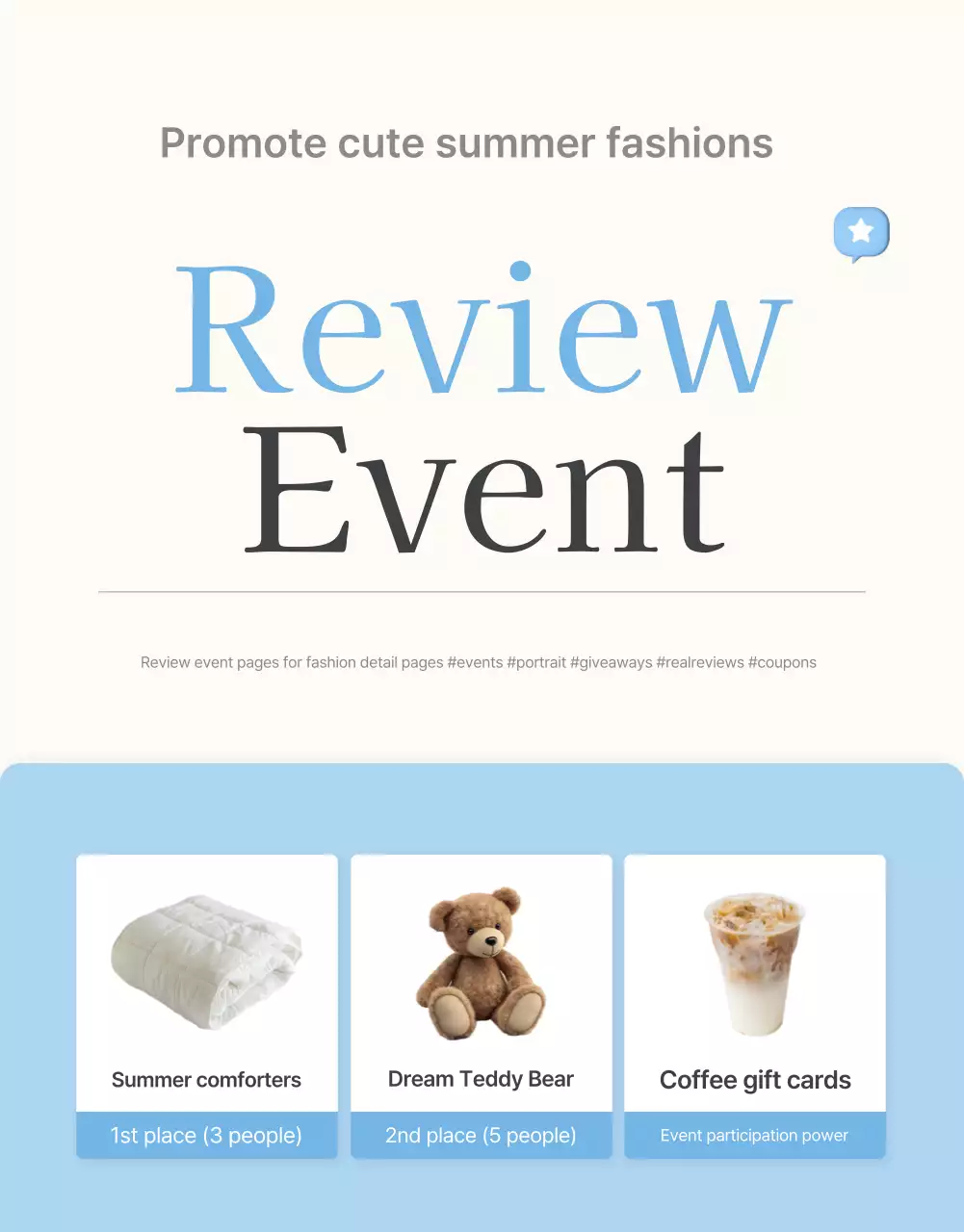 Quảng bá đánh giá, sự kiện hình ảnh và trang đánh giá cần thiết tại các trung tâm mua sắm thời trang với màu xanh da trời và trắng dễ thương hoàn hảo cho mùa hè.