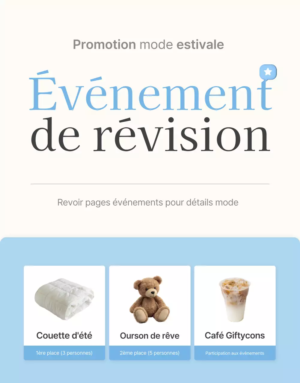 Faites la promotion de vos critiques, événements photo et pages de critiques dans votre centre commercial de mode préféré en bleu clair et blanc pour l'été.