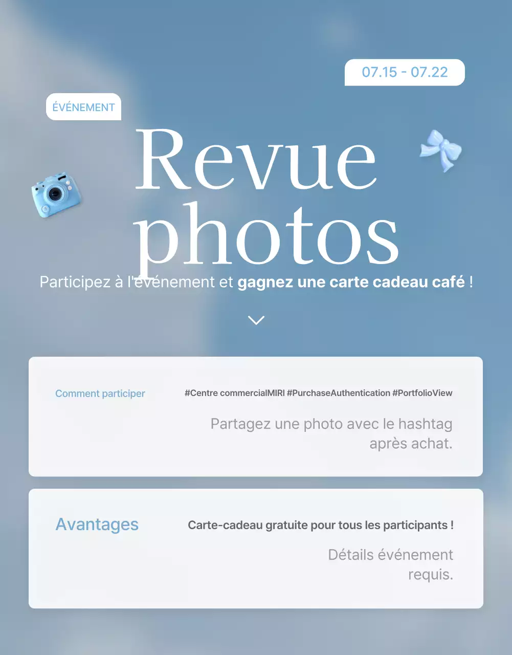 Faites la promotion de vos critiques, événements photo et pages de critiques dans votre centre commercial de mode préféré en bleu clair et blanc pour l'été.