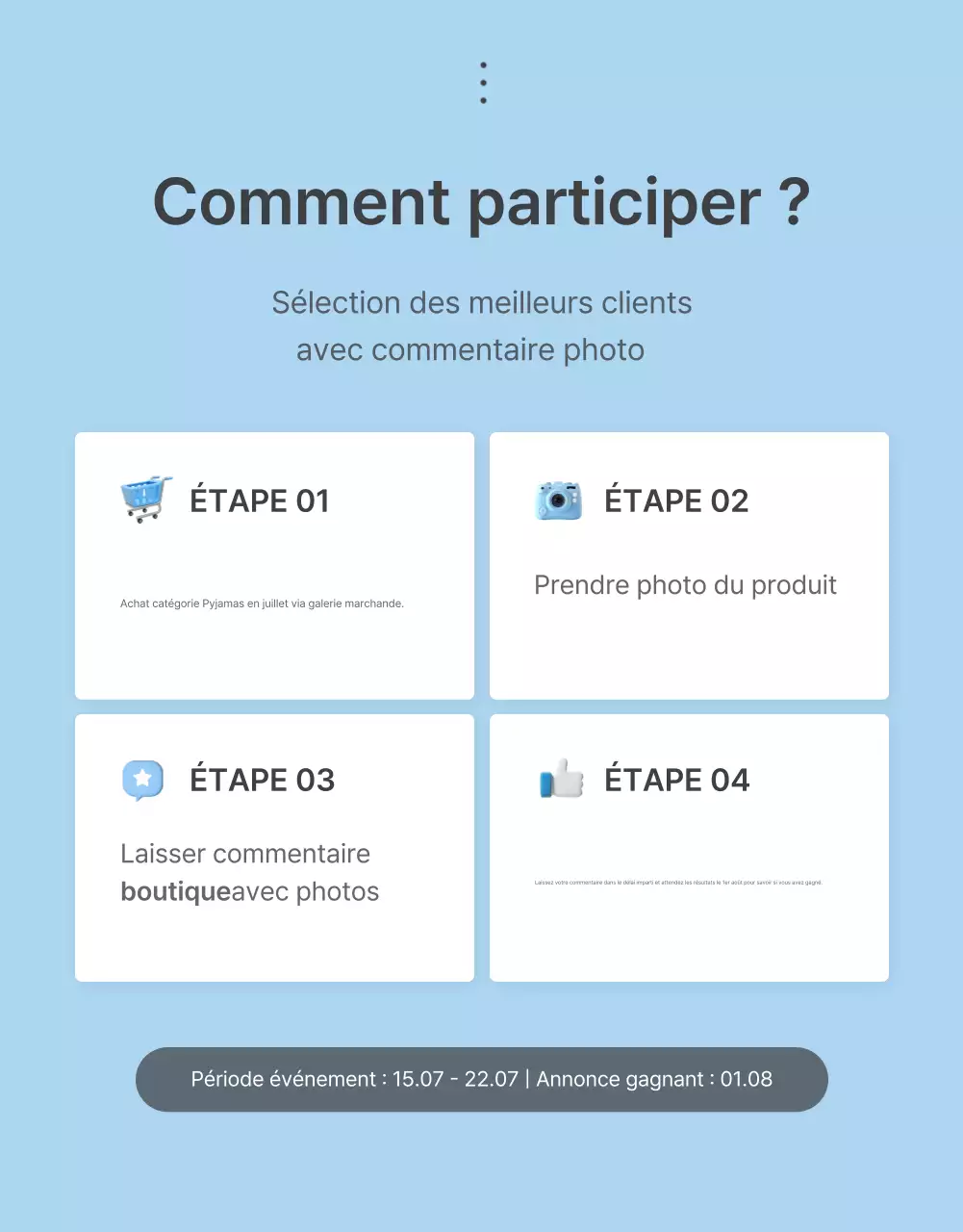 Faites la promotion de vos critiques, événements photo et pages de critiques dans votre centre commercial de mode préféré en bleu clair et blanc pour l'été.