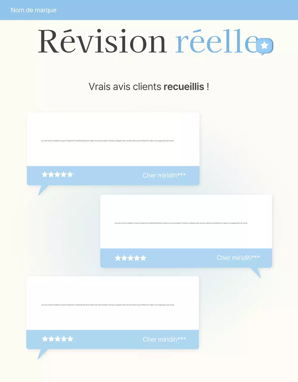 Faites la promotion de vos critiques, événements photo et pages de critiques dans votre centre commercial de mode préféré en bleu clair et blanc pour l'été.