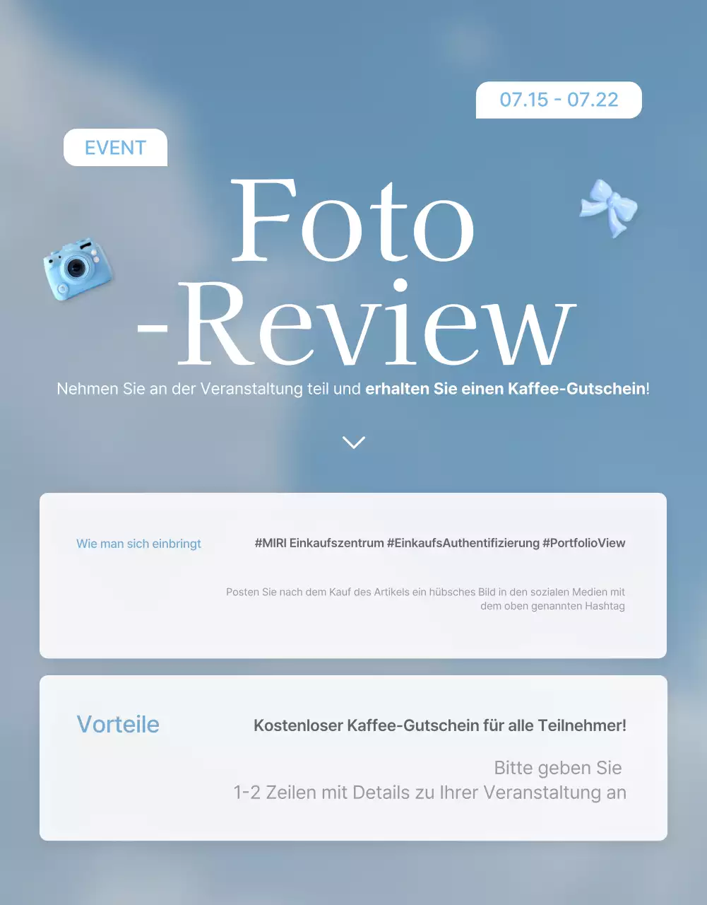 Bewerben Sie Ihre Rezensionen und Foto-Events sowie Ihre Rezensionsseiten in Ihrem Lieblingsmodezentrum in hellblau und weiß für den Sommer