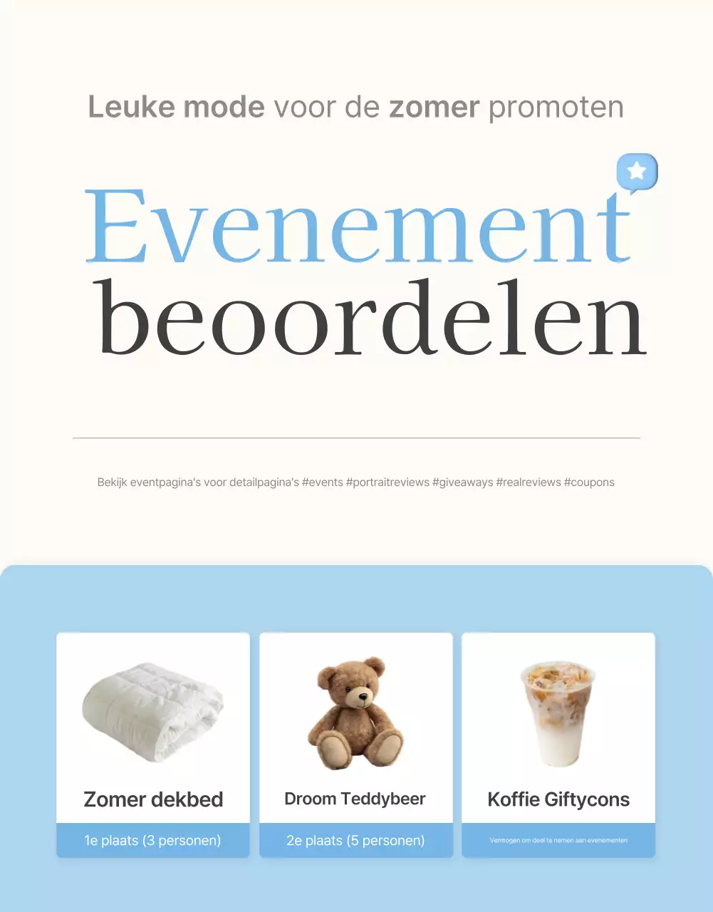 Promoot je reviews en foto-evenementen en reviewpagina's bij je favoriete fashion mall in lichtblauw en wit voor de zomer