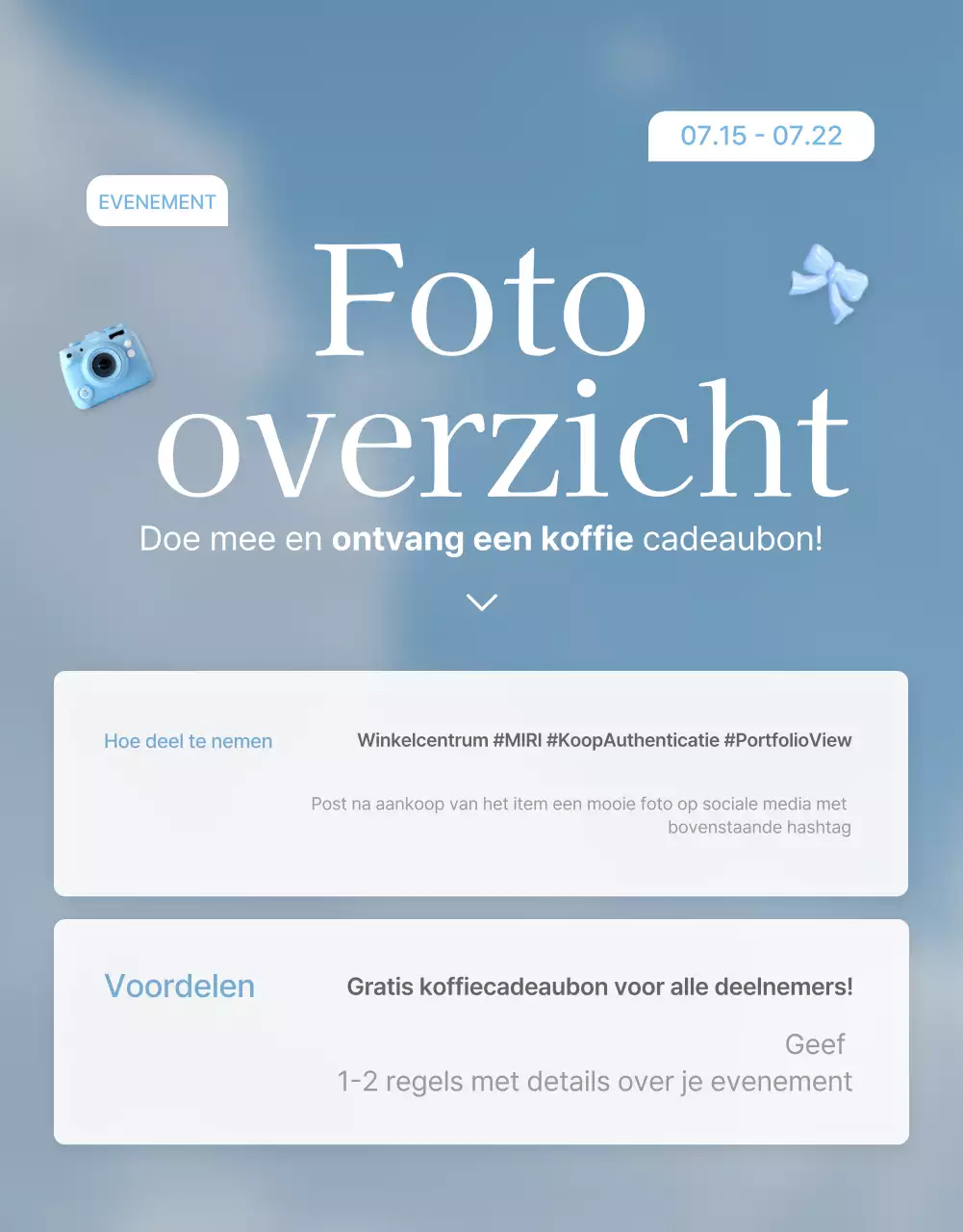 Promoot je reviews en foto-evenementen en reviewpagina's bij je favoriete fashion mall in lichtblauw en wit voor de zomer