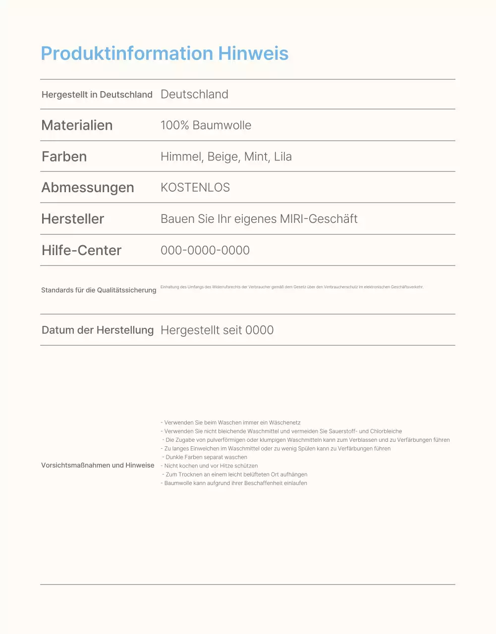 Informationen und Vorsichtsmaßnahmen für das hellblau-weiße Sommermodezentrum