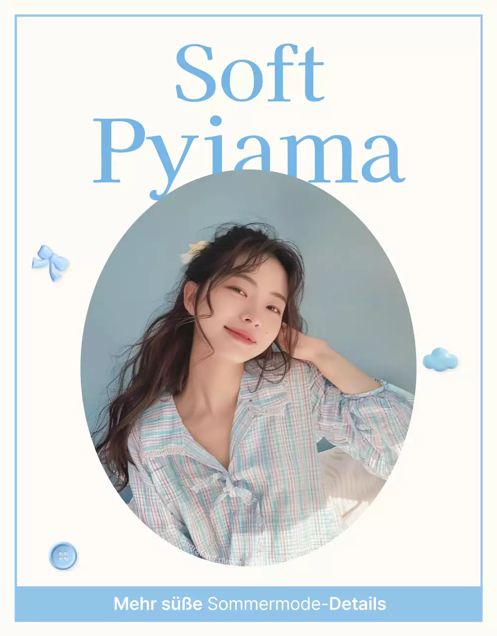 Werben Sie für ein sommerliches Modegeschäft mit einem niedlichen Wolken- und Schleifen-Emoji in Hellblau und Weiß.