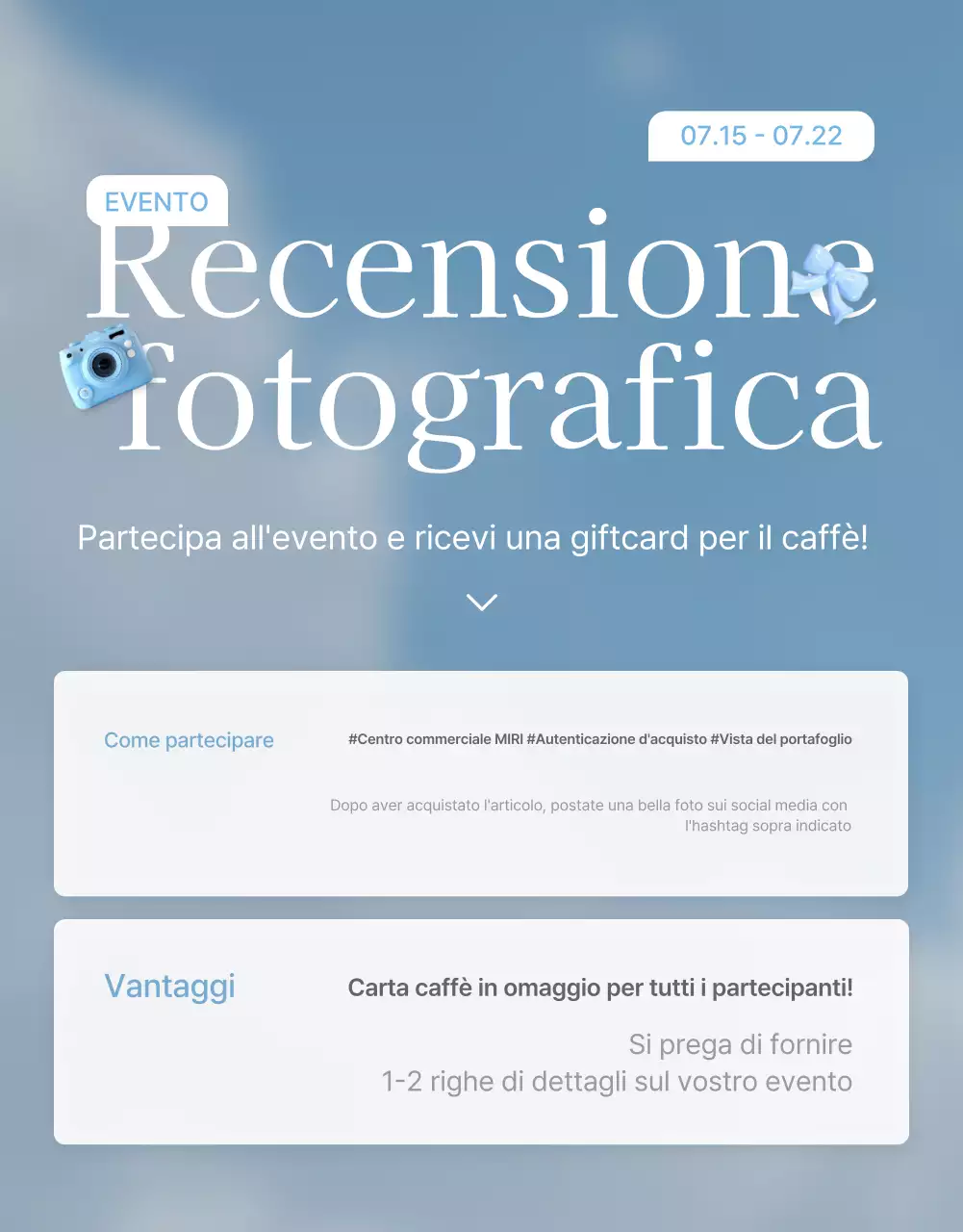 Promuovete le vostre recensioni, i vostri eventi fotografici e le vostre pagine di recensioni presso il vostro centro commerciale di moda preferito, in azzurro e bianco per l'estate.