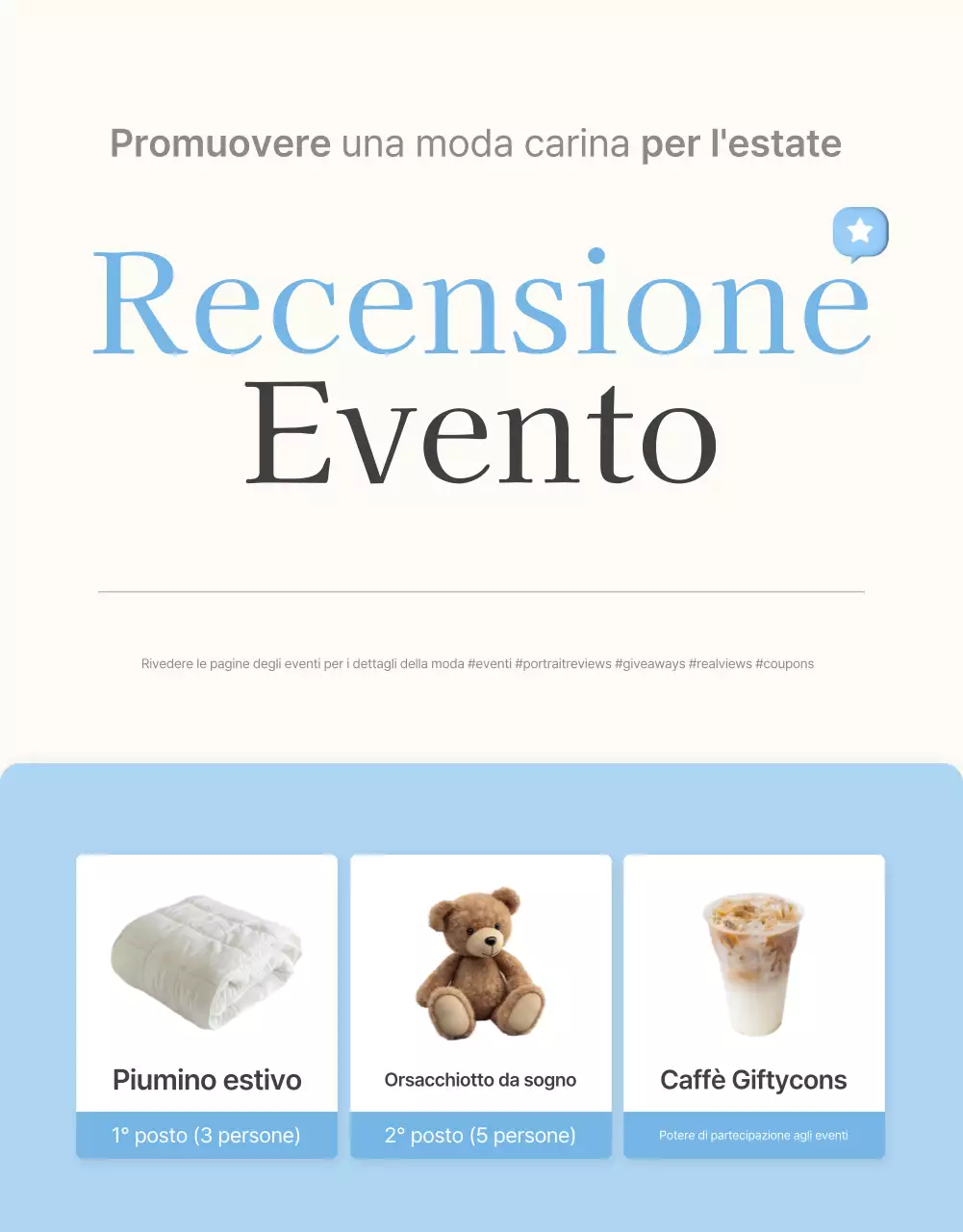 Promuovete le vostre recensioni, i vostri eventi fotografici e le vostre pagine di recensioni presso il vostro centro commerciale di moda preferito, in azzurro e bianco per l'estate.