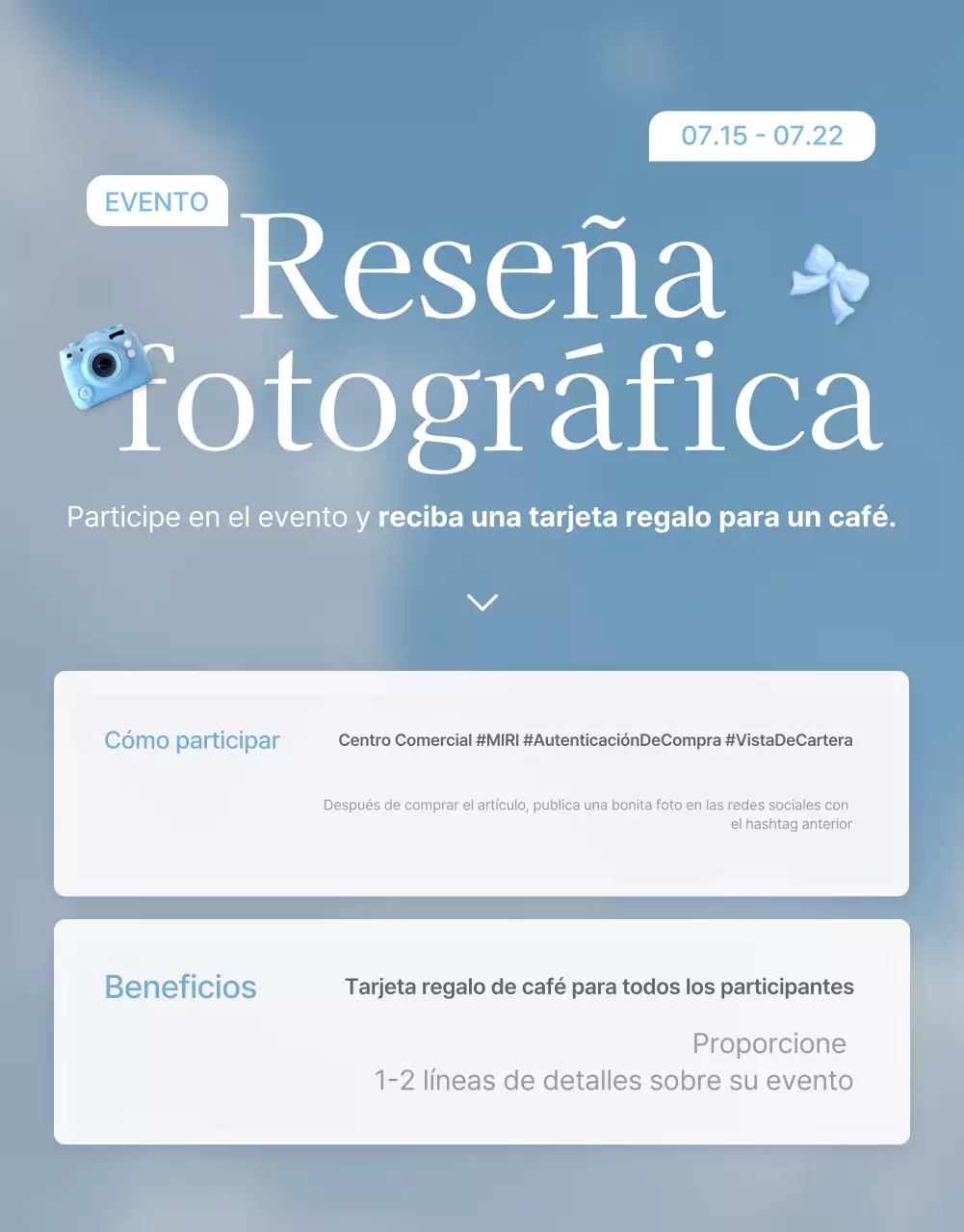 Promociona tus reseñas y eventos fotográficos y páginas de reseñas en tu centro comercial de moda favorito en azul claro y blanco para el verano