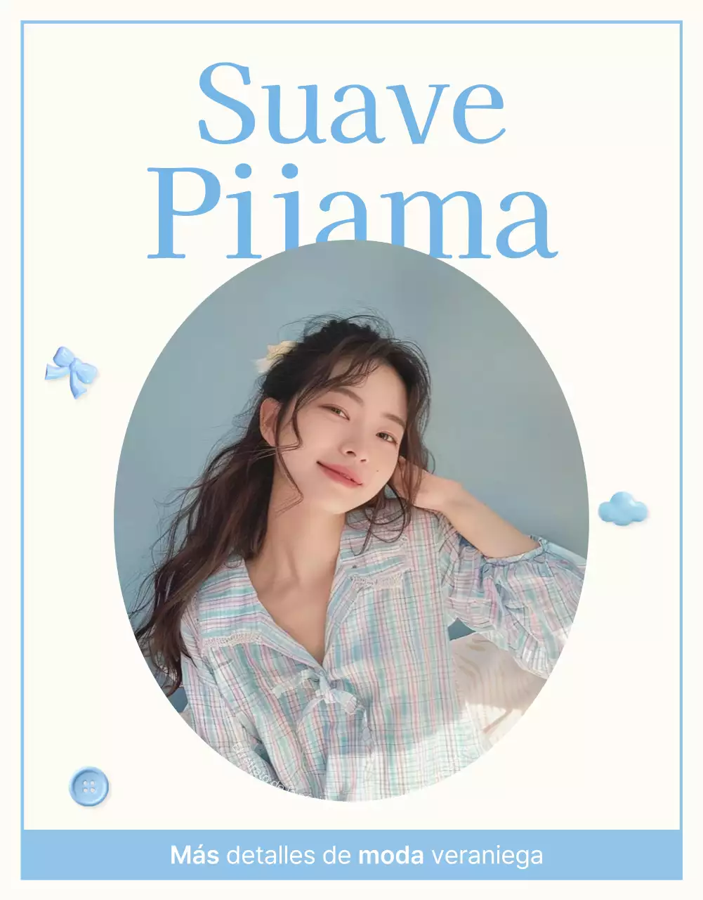 Promociona un centro comercial de moda listo para el verano con un simpático emoji de nube y lazo en azul claro y blanco.